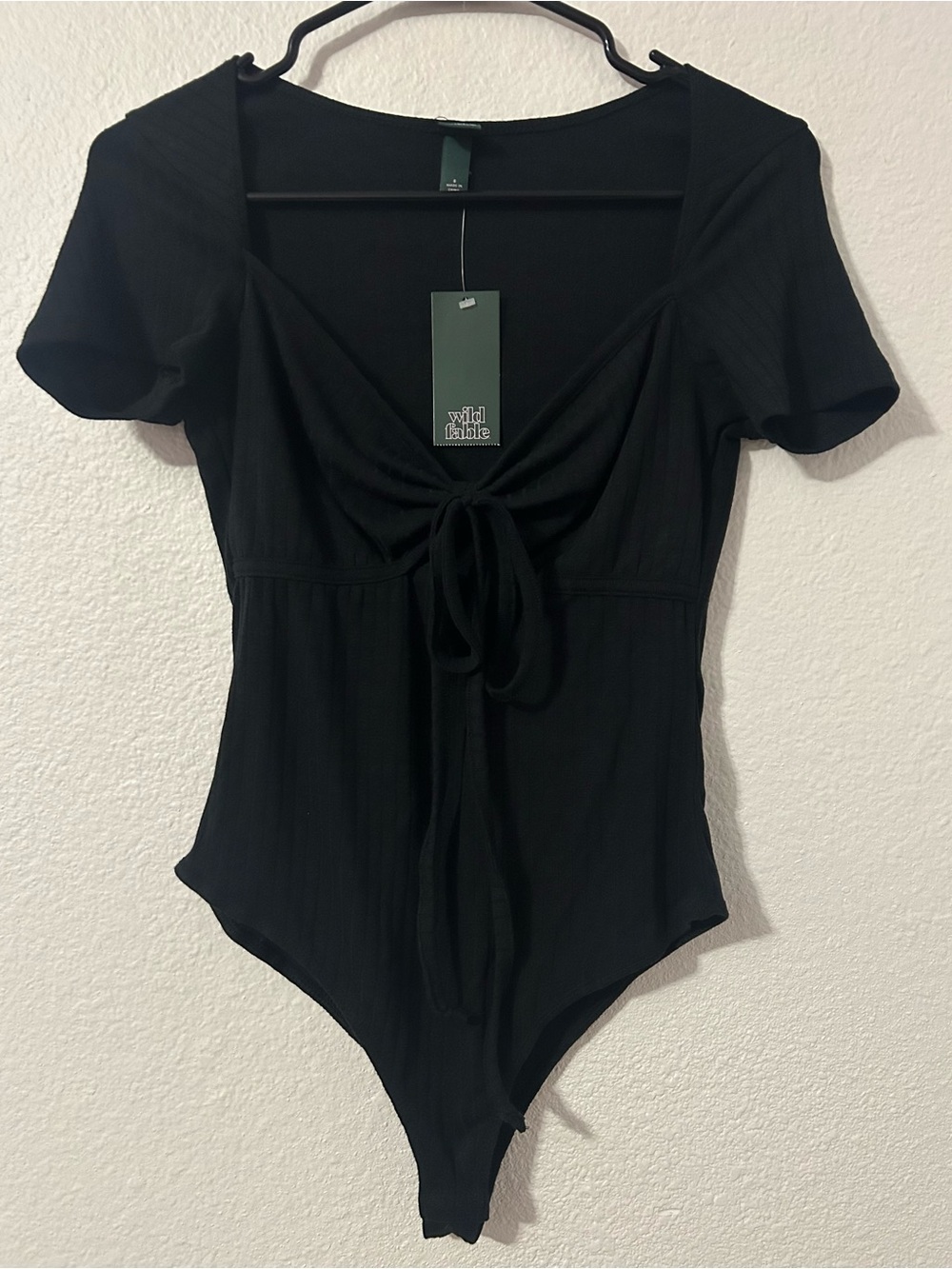 wild fable Black Tie-Front Ribbed Bodysuit with Short Sleeves